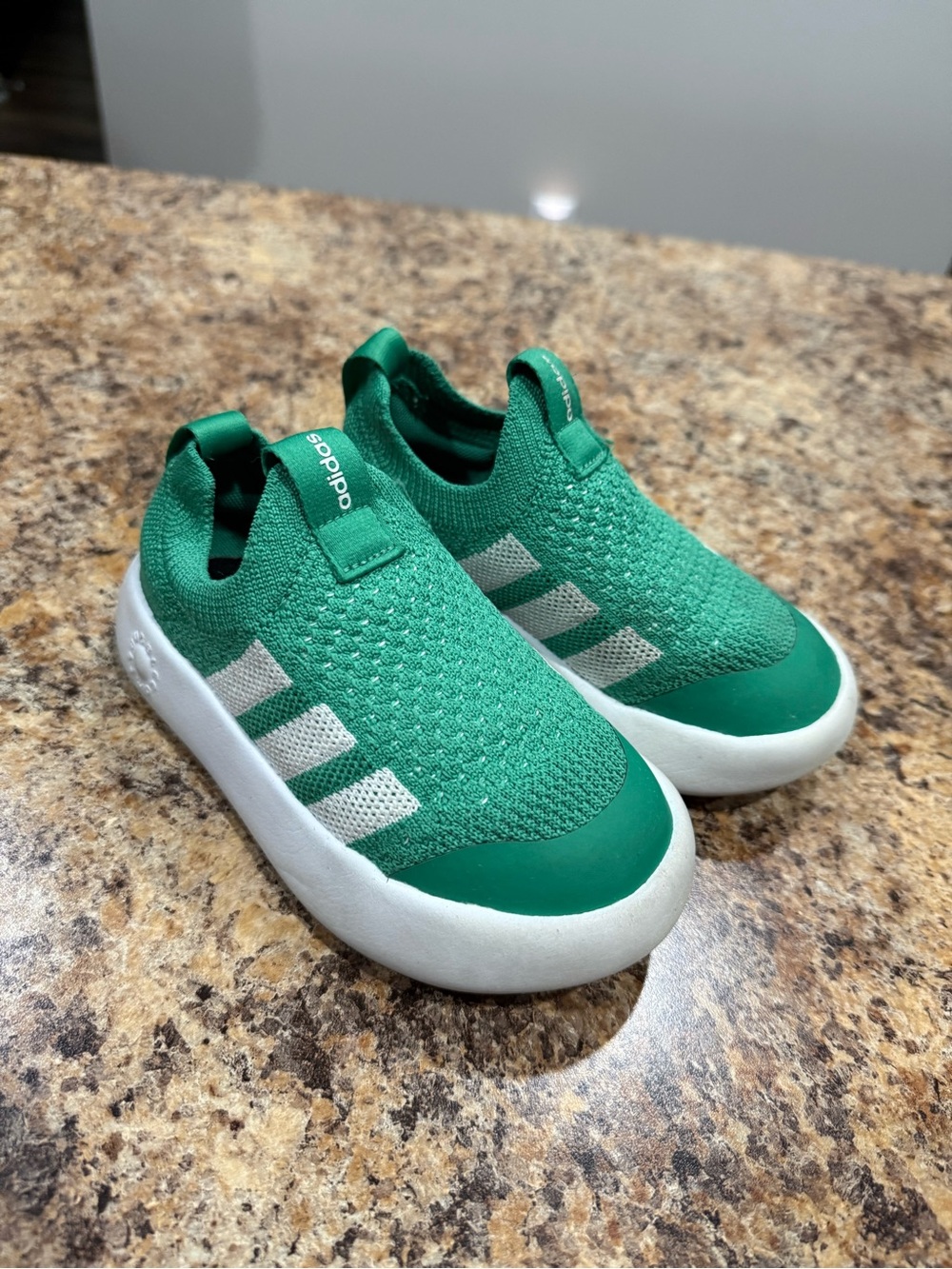 adidas Bubble Comfort Kids Green Knit Slip-On Sneakers with White Stripes